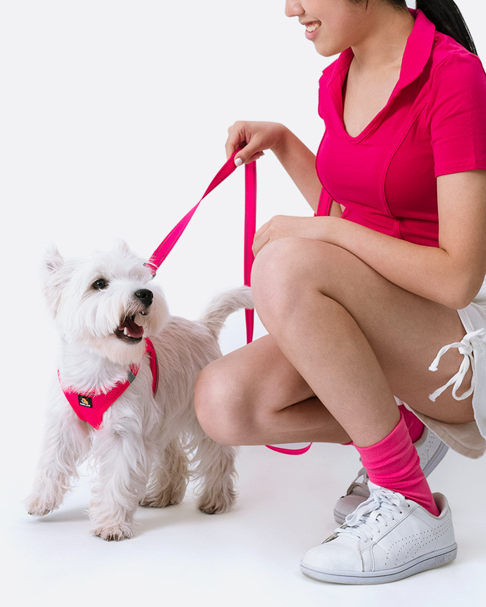 Stylish and comfortable Barbie pink velcro step-in dog harness for small dogs with a matching reflective leash, perfect for daily walks