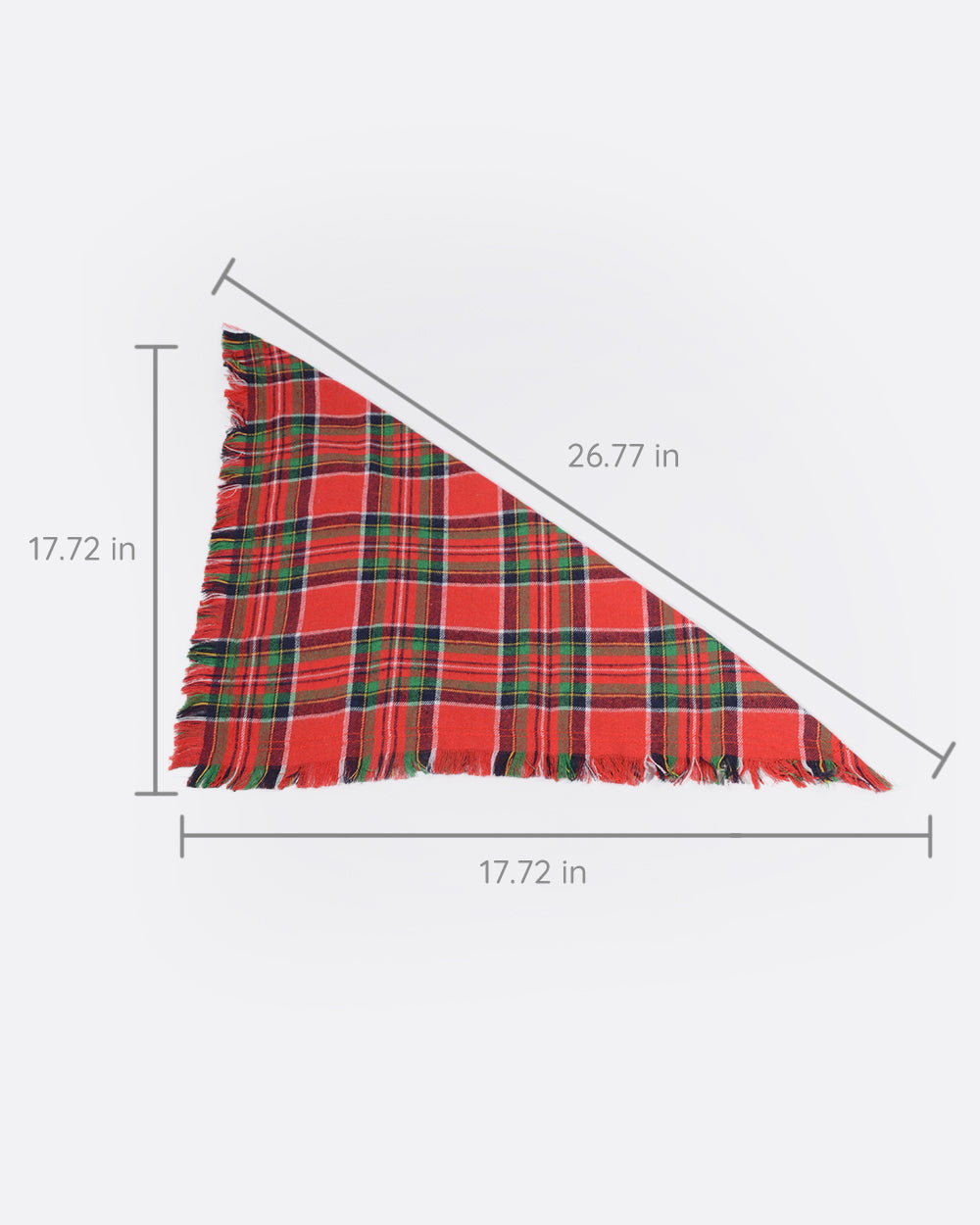 The size of this flannel dog scarf is 17.72x17.72x26.77 Inches. A royal Stewart plaid pet triangle kerchief will be the perfect accessory to dress up any pup in cool autumn and winter. The tartan pattern features red, green, yellow, and white. Looks stylish and festive when used in some festivals and holidays.